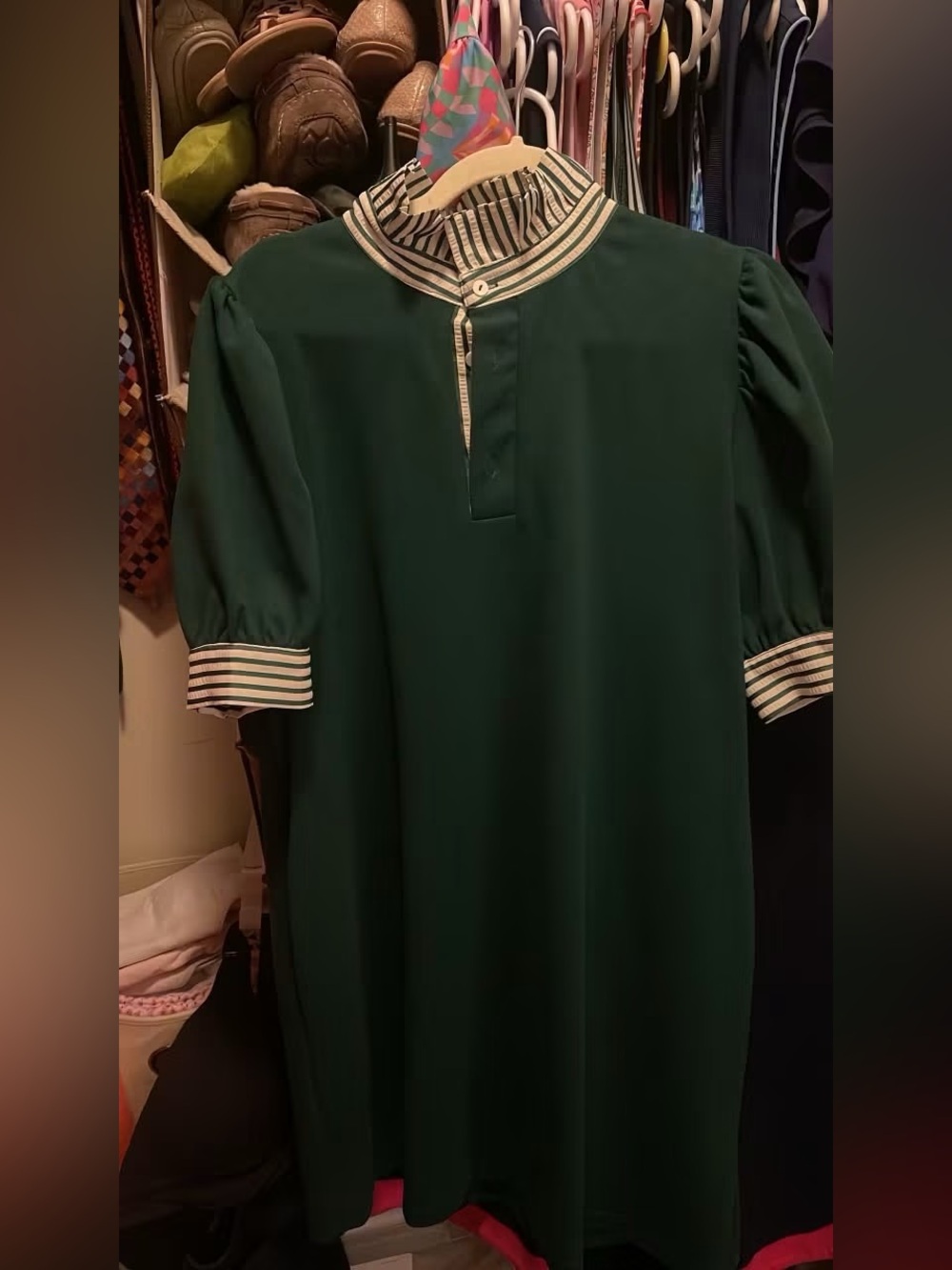entro Forest Green Long Sleeve Shift Dress with Striped Collar